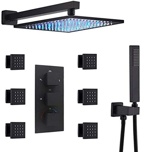 CWZZWS 10-12 Zoll Messing-Wandmontiertes schwarzes LED-Regenduschkopfsystem mit thermostatischem Mischventil und 6 Massage-Körpersprays und Duschkombinationsset