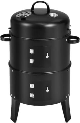 ARVALOLET Horno vertical de carbón vegetal con termómetro integrado, parrilla para ahumar barbacoa con ventilación, barbacoa redonda, 2 puertas de acceso para cocinar al aire libre, camping