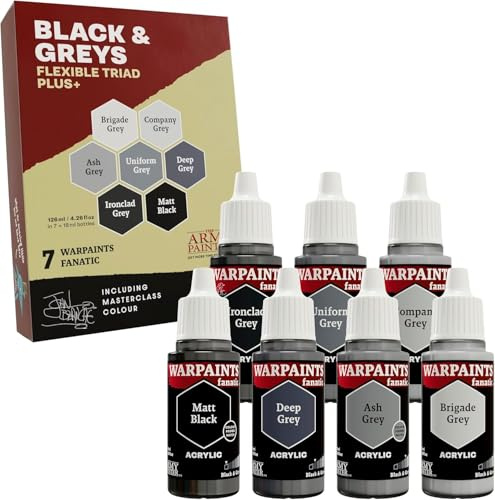 The Army Painter, Warpaints Flexible Triad PLUS+: Black & Greys, 7 x 18 ml akrylfärger – Hobbyfärg i miniatyrkvalitet för Dungeons and Dragons och Warhammer-miniatyrer.