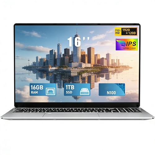 FUNYET 2025 Ordenador Portátil 16 Pulgadas Celeron N100 Quad-Core hasta 3.4GHz Laptop 16GB RAM 1TB SSD Win 11 FHD 1920×1200 USB 3.0 BT 5.0 WiFi 5 HDMI Teclado Retroiluminado Convertible