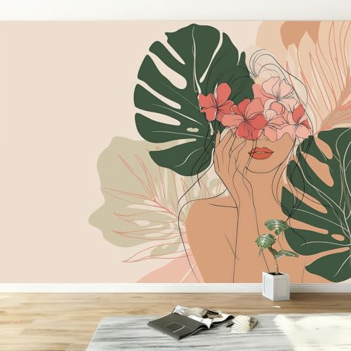 Custom 3D Photo Wallpaper 350 x 256 cm, Minimalist Line Art Women's Flowers Wall Mural Photo Wallpaper Poster Living Room Bedroom Tv Background Wall Home Decoration, Cream