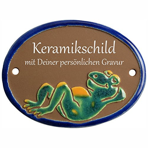 Handarbeit aus Schleswig-Holstein Keramikschild 9,5 x 7,5 cm Motiv Entspannter Frosch (braun)