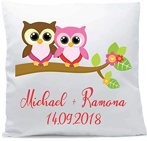SL-Store GbR Kissen mit Namen Hochzeit Eulen 40x40 cm inkl. Füllung Kuschelkissen Liebe Jahrestag, Kissen Farbe:Vorderseite weiß glänzend/RS weiß glänzend