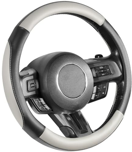 SEG Direct Car Steering Wheel Cover for Medium Standard Size Steering Wheels with 14 1/2-15 inches Outer Diameter, Black and Gray Microfiber Leather