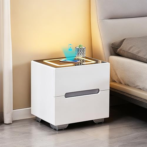 CLIPOP 2 Drawer Bedside Table with LED Lights, Smart Bedside Table with Wireless Charging, Glass Top Nightstand Cabinet for Bedroom Living Room