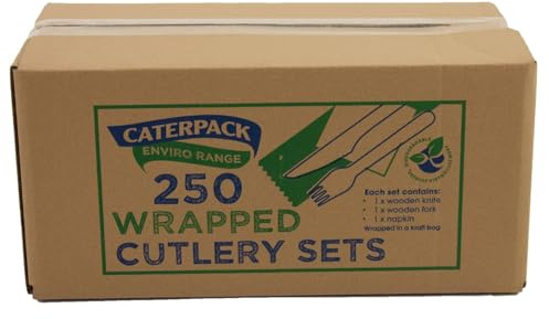 Caterpack Enviro Range Wrapped Cutlery Sets, Made from Sustainably Sourced Birchwood, Compostable and Biodegradable, Each Set Contains Knife, Fork and Napkin, 250 Pack