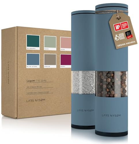 LARS NYSØM Salt and Pepper Grinder Set Manual, Stainless Steel Salt and Pepper Mills with Adjustable Ceramic Grinder I Design Spice Shakers (Stone Blue)
