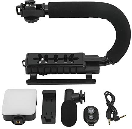 Akozon Video-Action-Stabilisierungsgriff U-Form-Telefon-Kamera-Stabilisator mit LED-Fülllicht Blitzschuh-Adapter-Mikrofon für Kamera-Telefon
