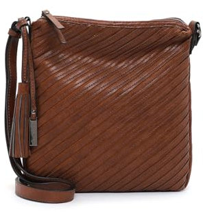 Tamaris Damen Umhängetasche Handtasche Streifendesign Logo Quaste Julina 32022, Farbe:Braun