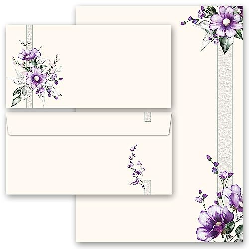 Motivpapier Briefpapier Sets Blumenmotiv, LILA BLUMEN 50 Blatt Briefpapier + 50 passende Briefumschläge DIN LANG ohne Fenster
