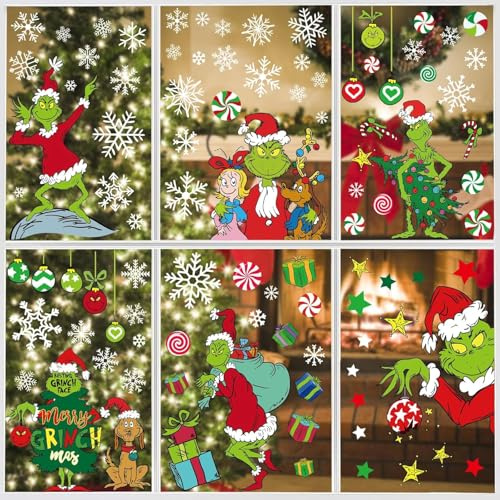 Boroner Weihnachts-Fensteraufkleber – 9 Bögen mit Elfengesichtern, Schneeflocke, Geschenkbox & mehr, doppelseitig, statisch, für Glas, Metall, wiederverwendbar, grün, Cartoon-Muster