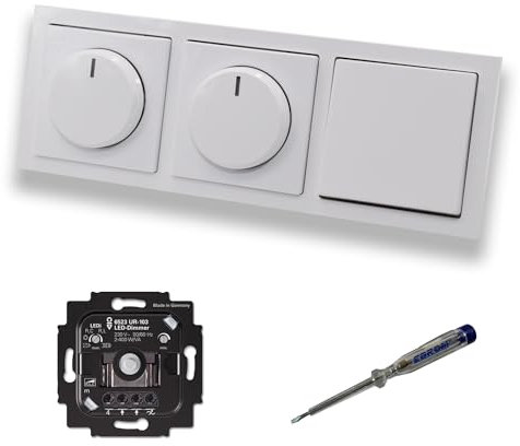 Busch Jäger 6523UR-103 (2 x) LED Drehdimmer Dimmer + Dimmerscheiben 6540-84-102 + Kreuzschalter 2000/7 US in Future Linear Studioweiß glänzend + EBROM Phasenprüfer zur Montage der Geräte 6523 UR-103