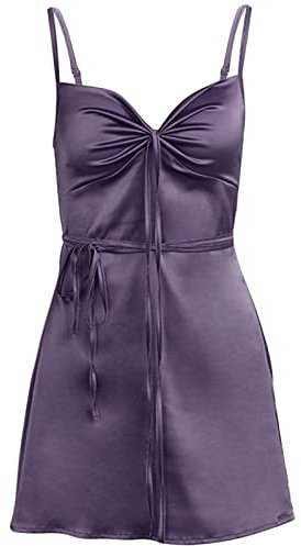 AMDOLE Robe de cocktail décontractée en satin avec col bénitier et dos nu froncé - Robe midi sexy pour femme, violet, L