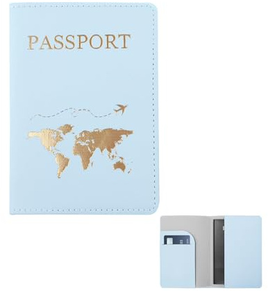 FuninCrea Reisepass Halter, PU Leder Reisepass Abdeckung Reise Geldbörse mit Mehreren Slots, schlanke Reisepasshülle Geldbörse mit goldenem Muster für Reisepaß, Visitenkarten (Blau)