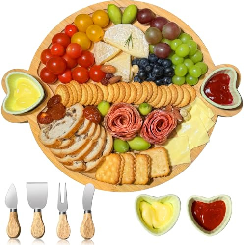 Hongsane Charcuterie Boards,Cute Bamboo Cheese Board,House Warming Gifts New Home,Wedding Bridal Shower Gift,Valentine Birthday Mother's Day for Women Mom,Round Meat Fruit Serving Tray Platter