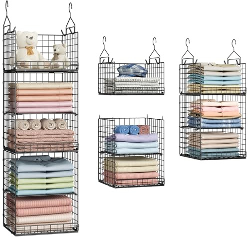 Yuyetuyo 5 Tier Closet Hanging Organizer and Storage Separable Hanging Closet Shelves with 4 Hooks 2 Adjustable Dividers, Wire Storage Basket Bins for Clothing Sweaters Socks Dolls Handbags, Foldable