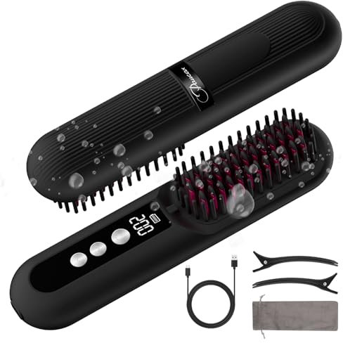 CARER SPARK Cordless Hair Straightener Brush 10000mAh 30s Fast Heat Millions of Negative Ions 80 Min Working Time 9 Heat Levels Portable Mini Hair Straightener Brush Travel Anti-Scald & Quick Styling