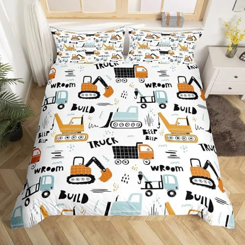 QBIDCSX Bettwäsche 135x200 Bagger Kinderbettwäsche Bettwäsche Set für Kinder Mädchen, Weiche und Angenehme Mikrofaser Bettbezüge 135x200 cm mit Reißverschluss + 2 Kissenbezug 80x80 cm
