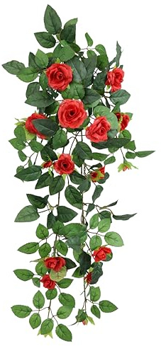 Künstlicher Rosenhänger 74cm Rosenranke Rosenbogen Rosen Blume Rosengirlande Kunstblume hängend Hochzeitsbogen Hochzeit romantische Deko Blumengirlande Hochzeitsdeko Hängeblume Pflanze, Rot