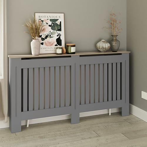 GFW Longslow Large Radiator Cover with Vertical Slatted Design, Top Display Shelf, Durable Finish and Modern Radiator Cabinet, Grey