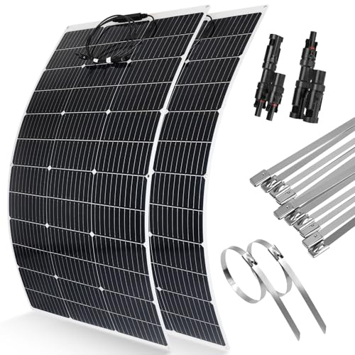 【Panneau Solaire Souple 240W 12V】DERUXI 2x120W Panneau Solaires Mono Kit:2Pcs Panneau Solaire Flexible 120W+Connecteur Solaire Y+12Pcs Collier Serrage Inox, PV Panneau pour Camping Bateau Balcon Yacht