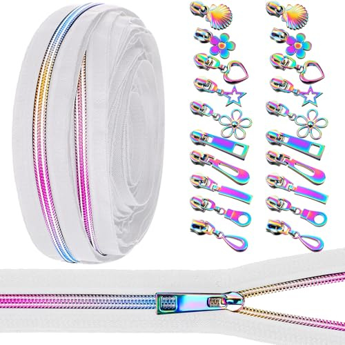 Zeyune #5 Regenbogen-Reißverschlussband, 9,1 m, Regenbogen-Zähne, Nylon-Reißverschluss mit 20 bunten Metallschiebern (10 Stile) für Heimwerker, Nähen, Schneiderhandwerk (klassischer Stil, weiß)