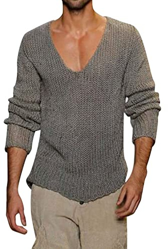 Foweknow Jersey para hombre, suéter de punto de negocios, vintage, invierno, ajustado, básico, cálido, sin capucha, cuello de pico, suéter de trabajo, sólido y cómodo, camiseta de manga larga