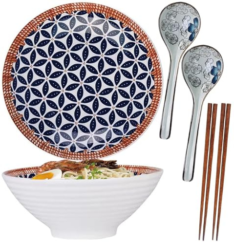 ZPPLD 2set 8 Pulgadas Bol Grande para Ramen de Cerámica 1100 ml, Cuenco Japonés Cerámica Ramen,Cuchara y Palillos para Ramens, Fideos y Sopas,Apto para lavavajillas y microondas