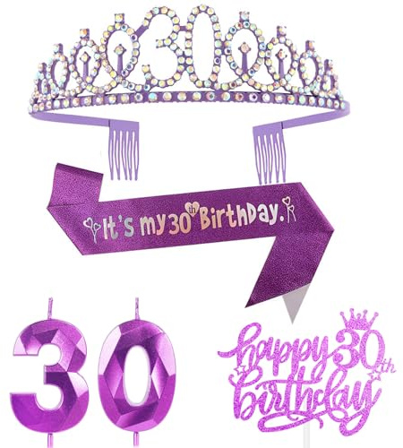 FUNCANDLE Purple 30th Birthday Party Supplies Set -Purple Cake Topper, Tiara Crown, Sash & Gold Candle for Girls Women Party Decorations Idea