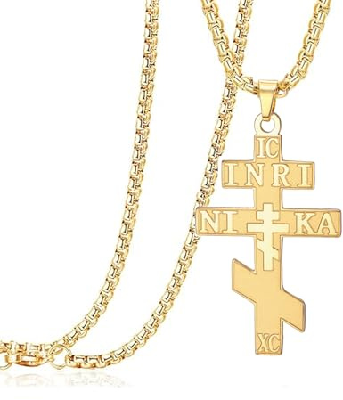 EUEAVAN Collar con cruz ortodoxa rusa IC XC NIKA Cruz oriental Colgante de Jesucristo Amuleto bizantino griego Joyería cristiana religiosa retro Regalo católico para mujeres y hombres (Oro 1)