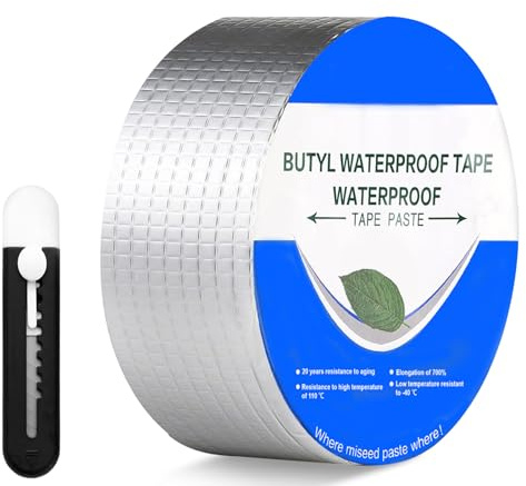 GD HUA Butylband Wasserfestes Klebeband, 5cm*5m*1mm Wasserdichtes klebeband Und Ein Schwarzes Kunstmesser, Dichtungsband Selbstklebend Wasserdicht,Silber Aluminiumfolie Tape,Dachrinne Abdichten
