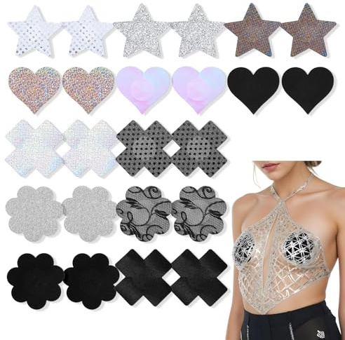 Grevosea 12 Pairs Pasties Nipple Covers, Glitter Nipple Pasties Disposable Nipple Covers No Show Breast Petals Nipple Stickers for Women Rave Party