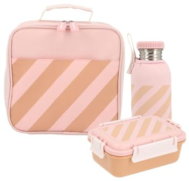 Monnëka Pack Repas Enfants | Bouteille INOX avec Housse + Lunch Box Bento 900ml et Sac Isotherme/Sac a Dos | Kit Complet pour l’école ou Les Sorties | Pink