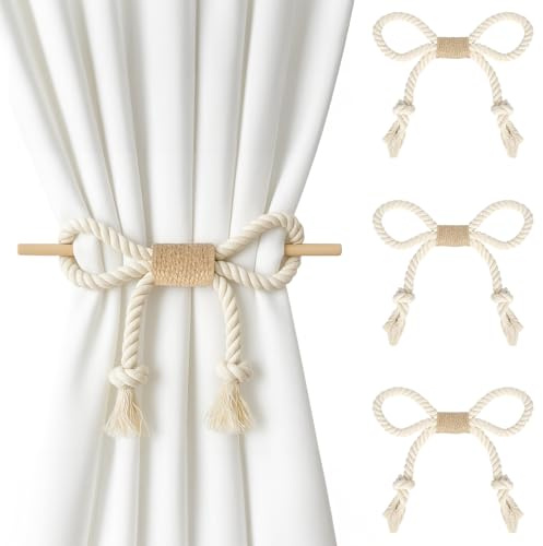 Kaluofan 4 Stück Vorhang Raffhalter, Boho Schleife Gardinenhalter, Vorhang Halter Beige, Raffhalter für Gardinen, Handgestrickte Gardinen Raffhalter Vorhang Seil für Schlafzimmer Office Wohnzimmer