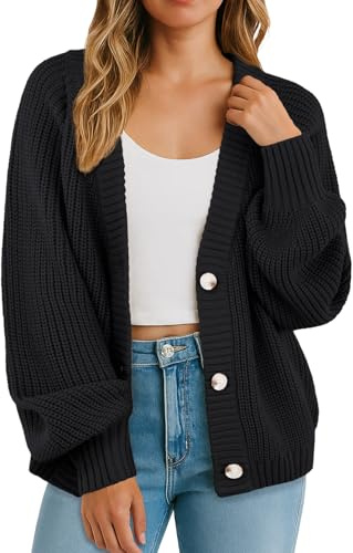GRECERELLE Cardigan da donna a maniche lunghe, spesso, oversize, elegante, casual, aperto, scollo a V, maglione con bottoni, autunno, inverno, Nero , L
