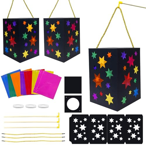 JOYEASE Laternen Bastelset Stern, 3 Stück DIY Sankt Martin Laterne Kinder, Laterne Basteln Sterne mit 28 Blatt Bunt Transparentpapier für Junge Mädchen, Ideal für Laternenumzug