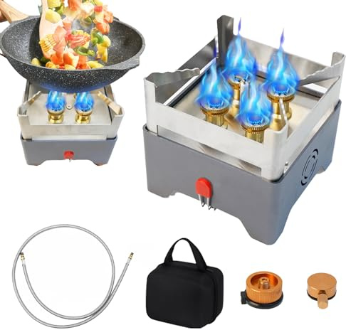 Estufa De Camping, 5000W Quemador Gas PortáTil Con 2 Adaptadores PortáTil Hornillo De Camping Con Encendido PiezoeléCtrico Y Estuche De Transporte Para Picnics Senderismo Y Trekking 12x12x11cm