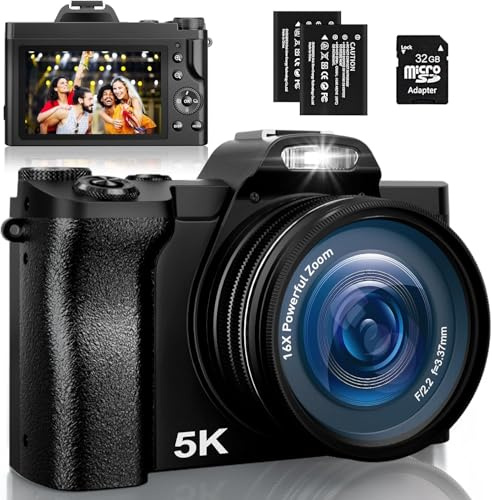 Digitalkamera 4K 48MP Autofokus Fotokamera mit Optischem Sucher, Vlogging Digital Kamera mit 32G SD-Karte 16X Zoom 2 Akkus Fotoapparat Kompaktkamera für Anfänger, Erwachsene, Jugendliche-Schwarz