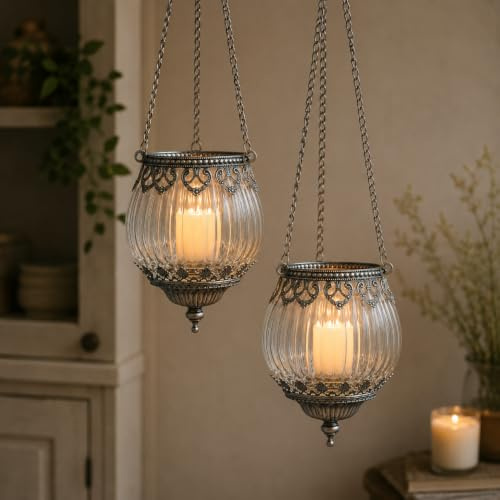 Glass Hanging Ribbed Tea Light Candle Holder Moroccan Lantern Home Decor Metal (2)