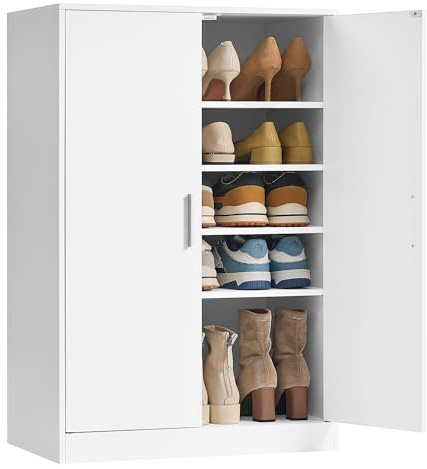 VASAGLE Scarpiera Armadio con Ante, Scarpiera da Ingresso Moderna con Ripiani Regolabili, Mobile Portascarpe Slim, 5 Ripiani, per 12 a 15 Paia di Scarpe, 2 Ante, Bianco Nuvola HSC501WB01
