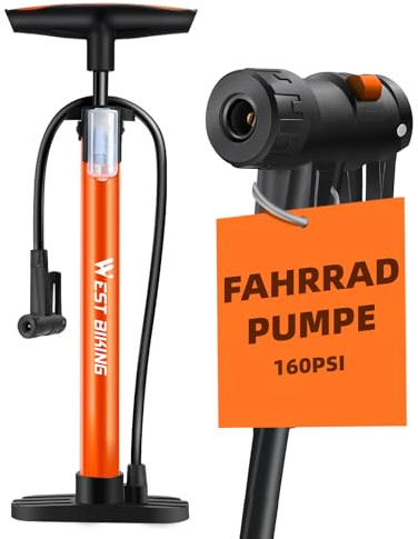 Cykelpump, luftpump, cykel för alla ventiler, 11 bar/160 Psi stående luftpump – stående pump för vägcykel, elcykel, mountainbike – cykelpump för franska ventiler och adaptrar (orange-ny)