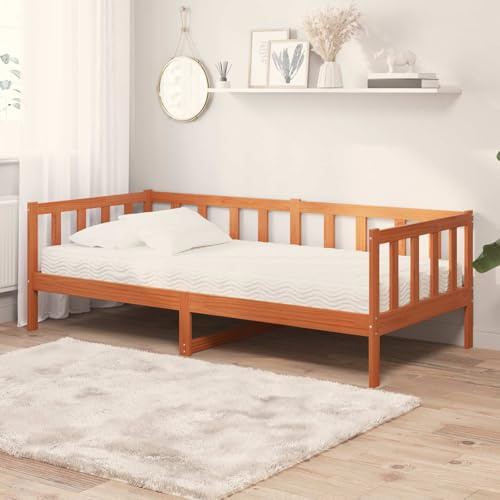 Hoopleep Daybed with 7-Zone Mattress, Wax Brown and White, 90 x 200 cm, Made of Solid Pine Wood, Versatile as a Sofa Bed for Guests or Individuals