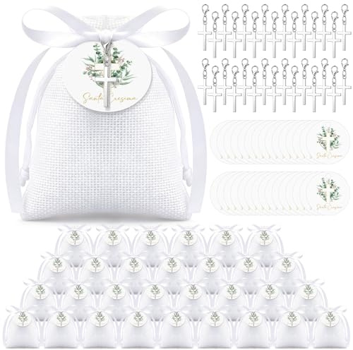 Otuuz Sets de Recuerdos de Confirmación Etiqueta de Regalo con Lazo Blanco Llavero con Cruz Bolsa Blanca Regalos para Confirmación, Comunión, Bautizo, Recién Nacido y Boda