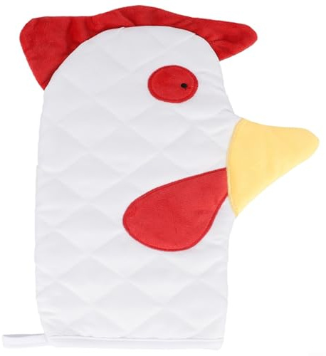 Guanti da forno con divertente motivo di galletto, presine in lino resistenti al calore, per cucina e cottura, guanti decorativi da forno in rosso e bianco-giallo, 31 x 12 cm (1 pezzo)
