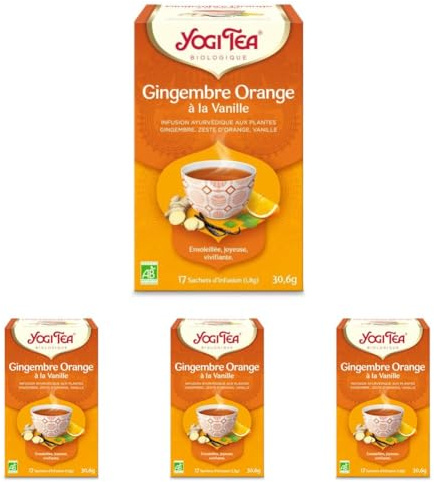 YOGI TEA Gingembre Orange à la Vanille Bio – Infusion Sans Caféine – Gingembre Piquant, Zestes d’Orange & Vanille Gourmande – Saveur Agrumes Épicée – 17 Sachets d’Infusion Bio (Lot de 4)