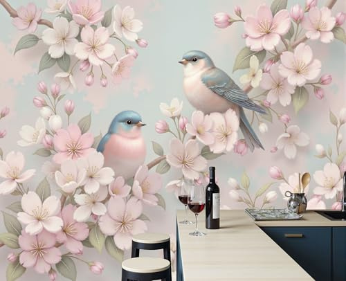 Carta da parati Fiore Di Ciliegio Uccello 250 x 175 cm Fotomurali TNT XXL - Murale Camera da Letto Decorazione da Muro Acquerello Elegante Poster Gigante - Carta per Pareti Soggiorno - Rosa Cipria