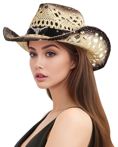 Generisch Sombrero de sol unisex ahuecado a mano sombreros de paja para hombre y mujer, sombreros de verano para el sol, sombreros de vaquero de raffi occidental, Negro , Talla única
