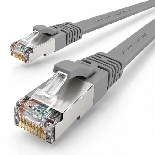 1x Câble Ethernet CAT7 plat 15m U/FTP 10 Gbit/s fiches RJ45 Cat6a gris | Câble réseau LAN plat, flexible, LSZH pour box Internet, routeur, switch, PC, TV, console, modem, NAS et panneau de brassage.
