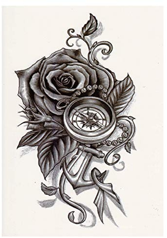2 x Blume Kompass Anker - schwarzes XL Tattoo - Body Temporary Fake Tattoo - TH486 (2)