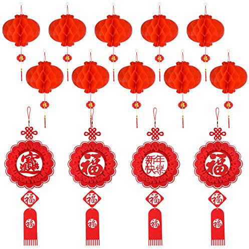 FEPITO 14 Pcs china del Año Nuevo Decoración del ornamento colgante con el nudo chino colgante del papel chino linternas rojas para el hogar, Fiesta de la Primavera, boda chino, Restaurante Decoración